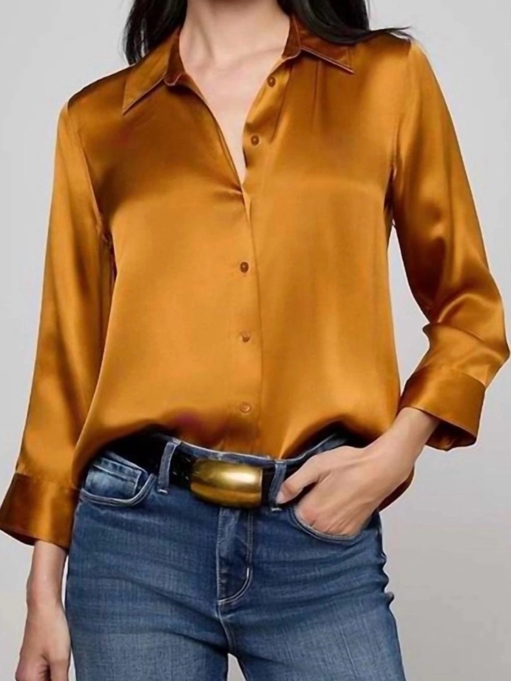 L’AGENCE Dani Silk Blouse Bronze Copper Button Down Shirt Size Small